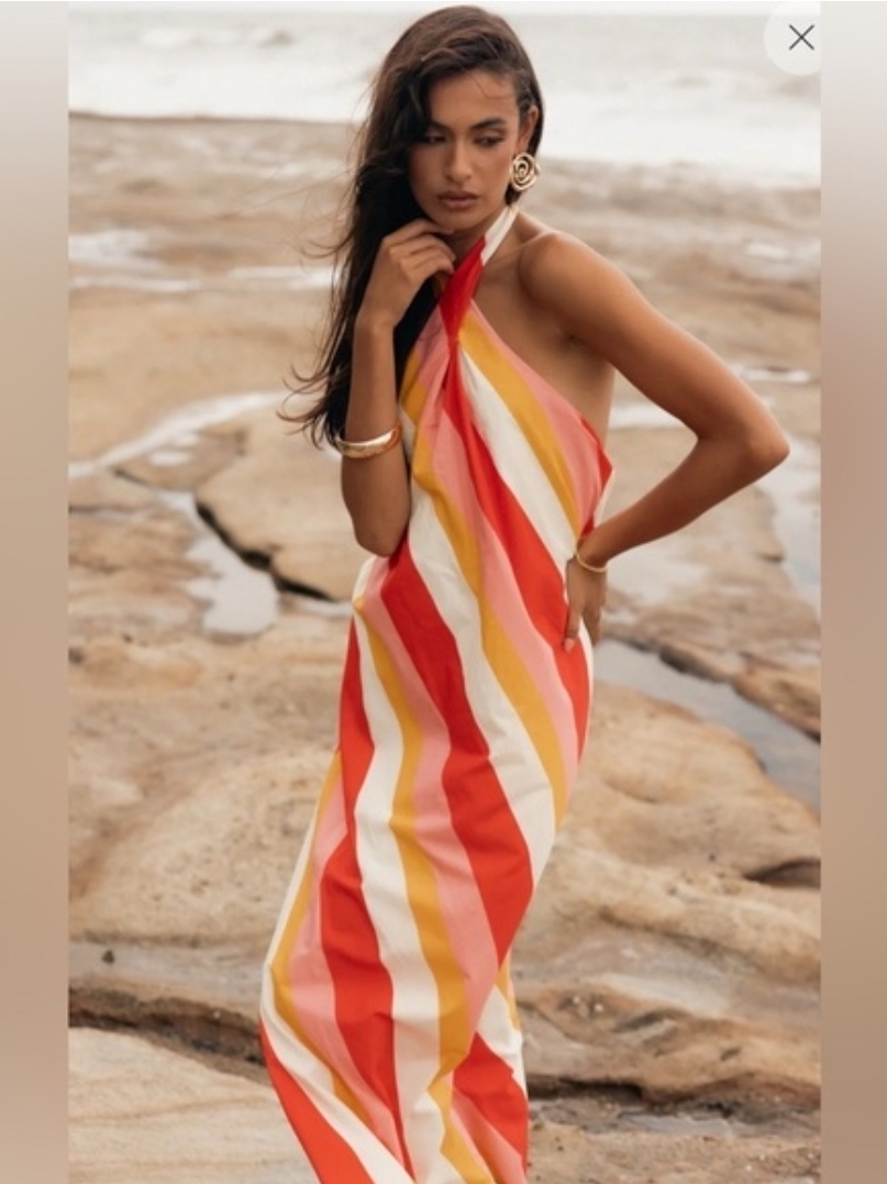 Rnwy Halter Midi Casual Dress In Red, Pink & Yellow Stripes